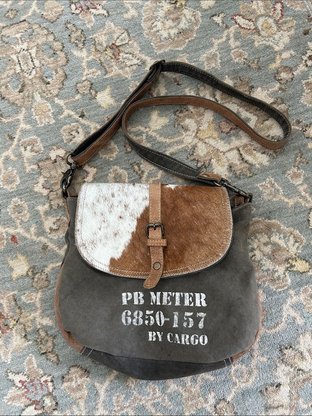 Myra Rustic Brown & White Crossbody Bag with Cowhide Flap